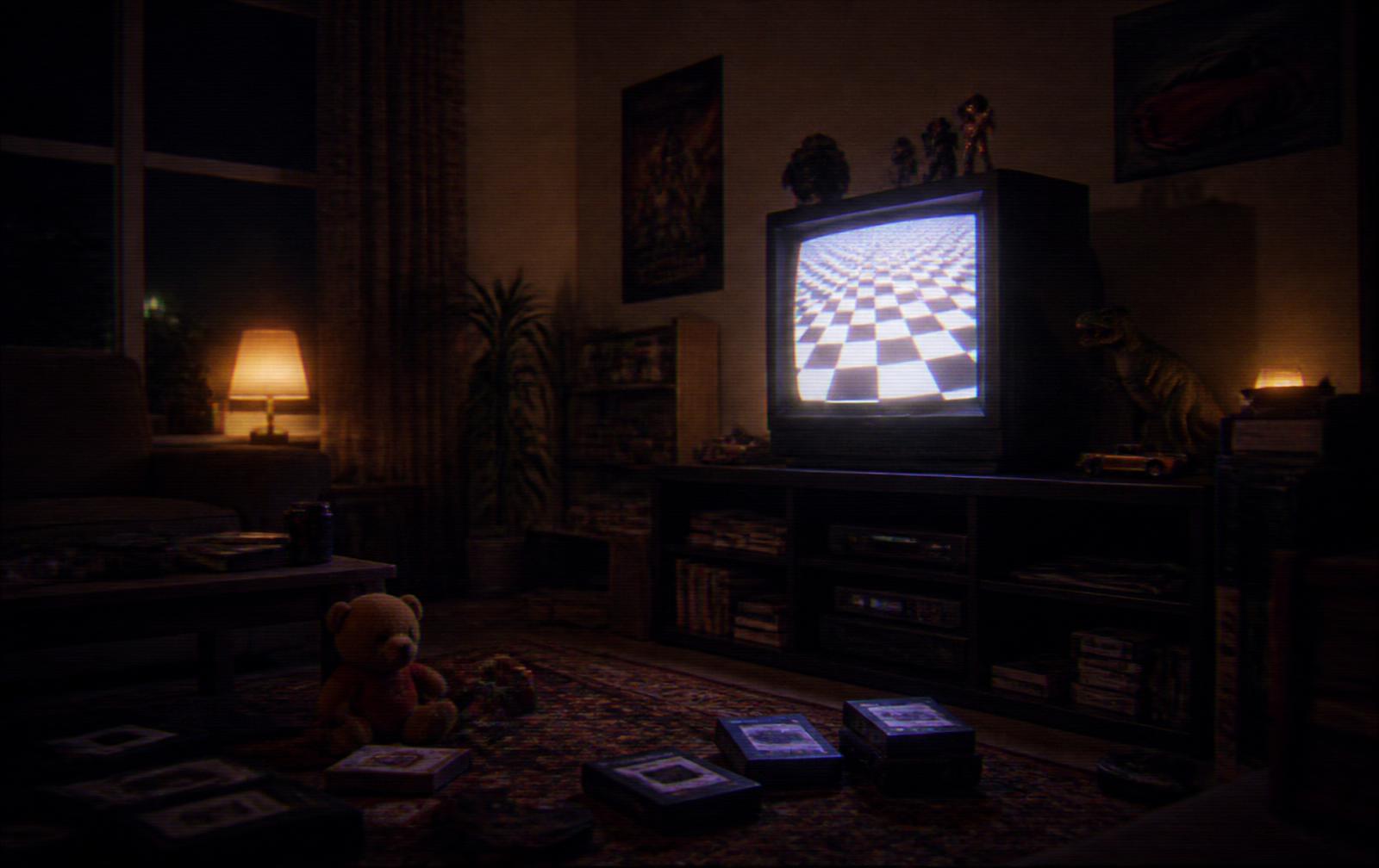 A dark 1990s living room lit by an old CRT television